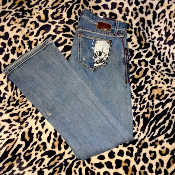 Denim - EUC Petrol COURTNEY Distressed Skull Bling Jeans
